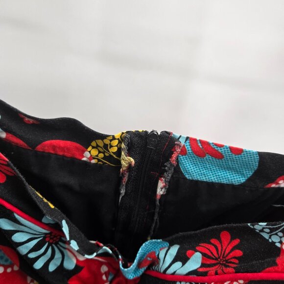 Retro Rockabilly Black Red Blue Flowers V-Neck Fit and Flare Dress Large - Picture 8 of 8